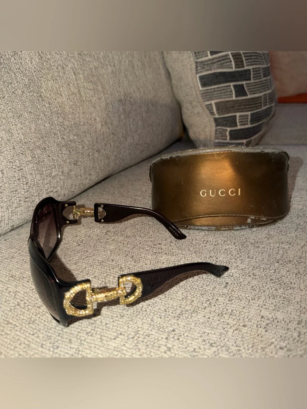 Gucci Women’s Brown Sunglasses with Gold Crystal Interlocking Detail